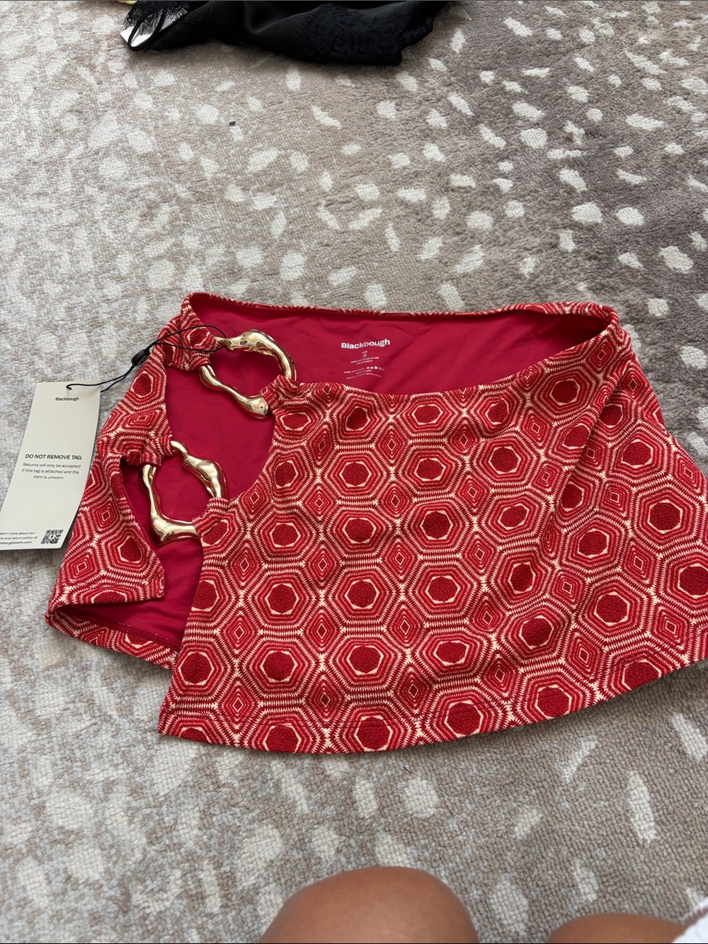 Blackbough Red Hexagon-Print Mini Skirt with Gold Ring Accents